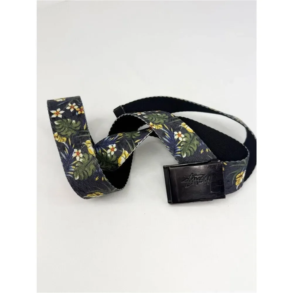 Stussy Navy Blue Yellow Tropical Floral Adjustable Nylon Unisex Belt